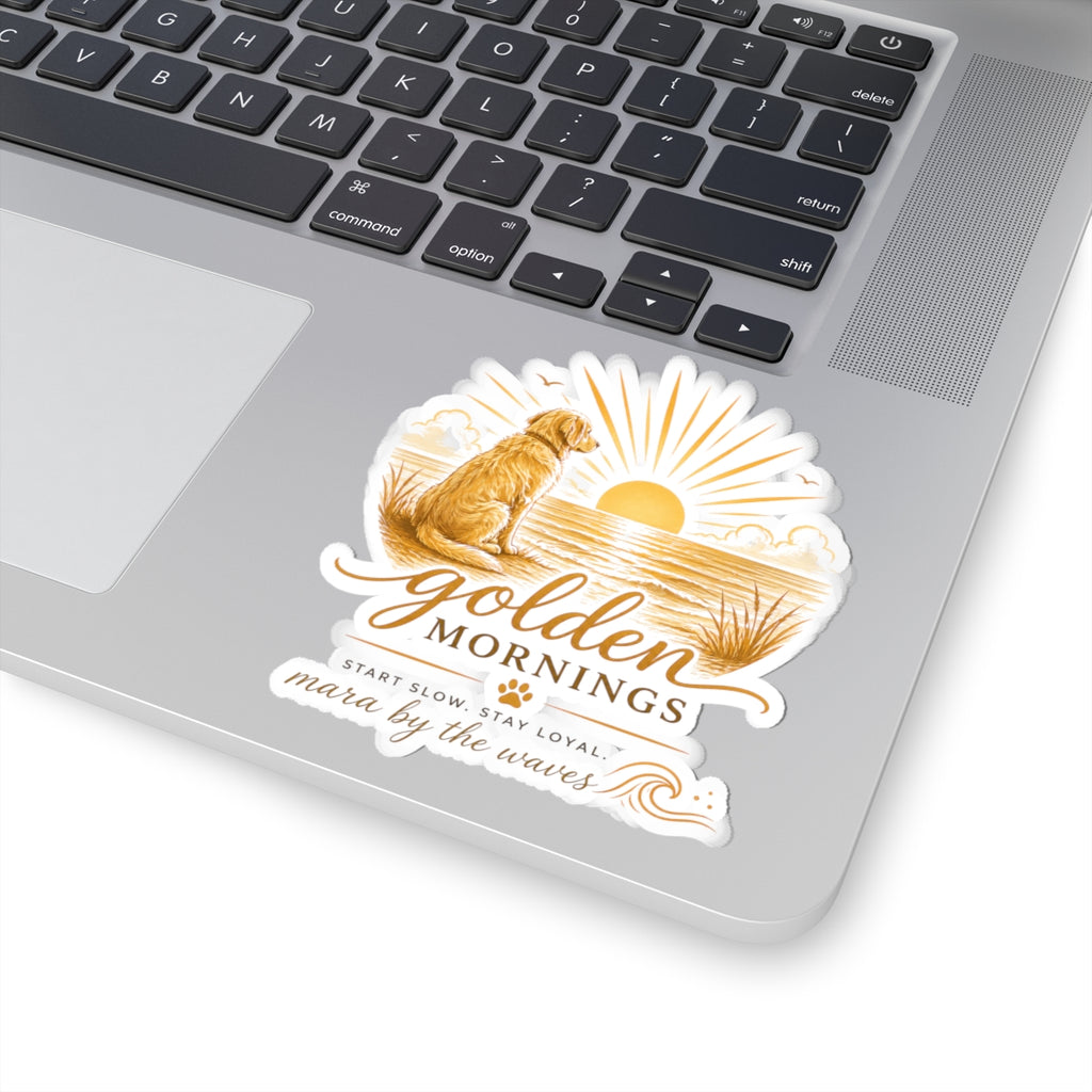 Golden Mornings Dog Sticker:  Sunrise Golden Retriever Beach Kiss-Cut Sticker ("Start Slow. Stay Loyal.")