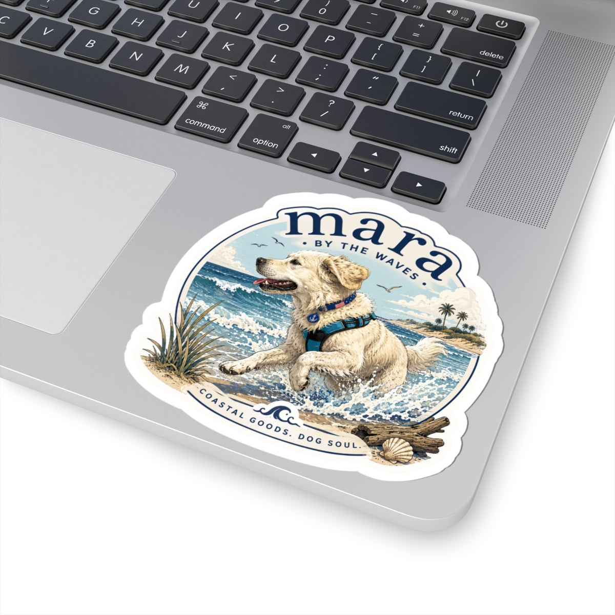 Coastal Dog Sticker — "Mara by the Waves" Kiss-Cut Beach Puppy Decal