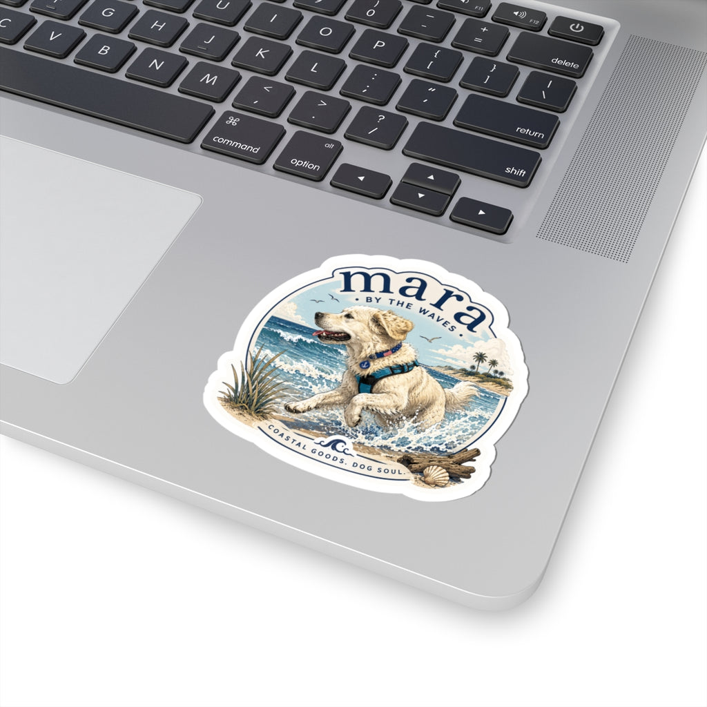 Coastal Dog Sticker — "Mara by the Waves" Kiss-Cut Beach Puppy Decal