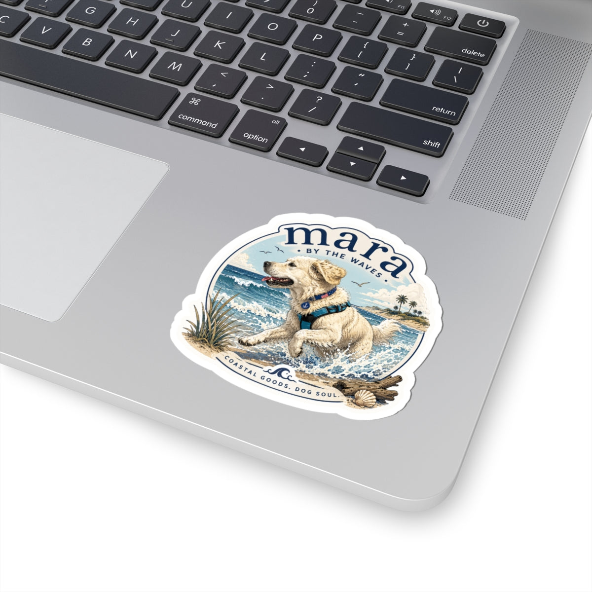 Coastal Dog Sticker — "Mara by the Waves" Kiss-Cut Beach Puppy Decal