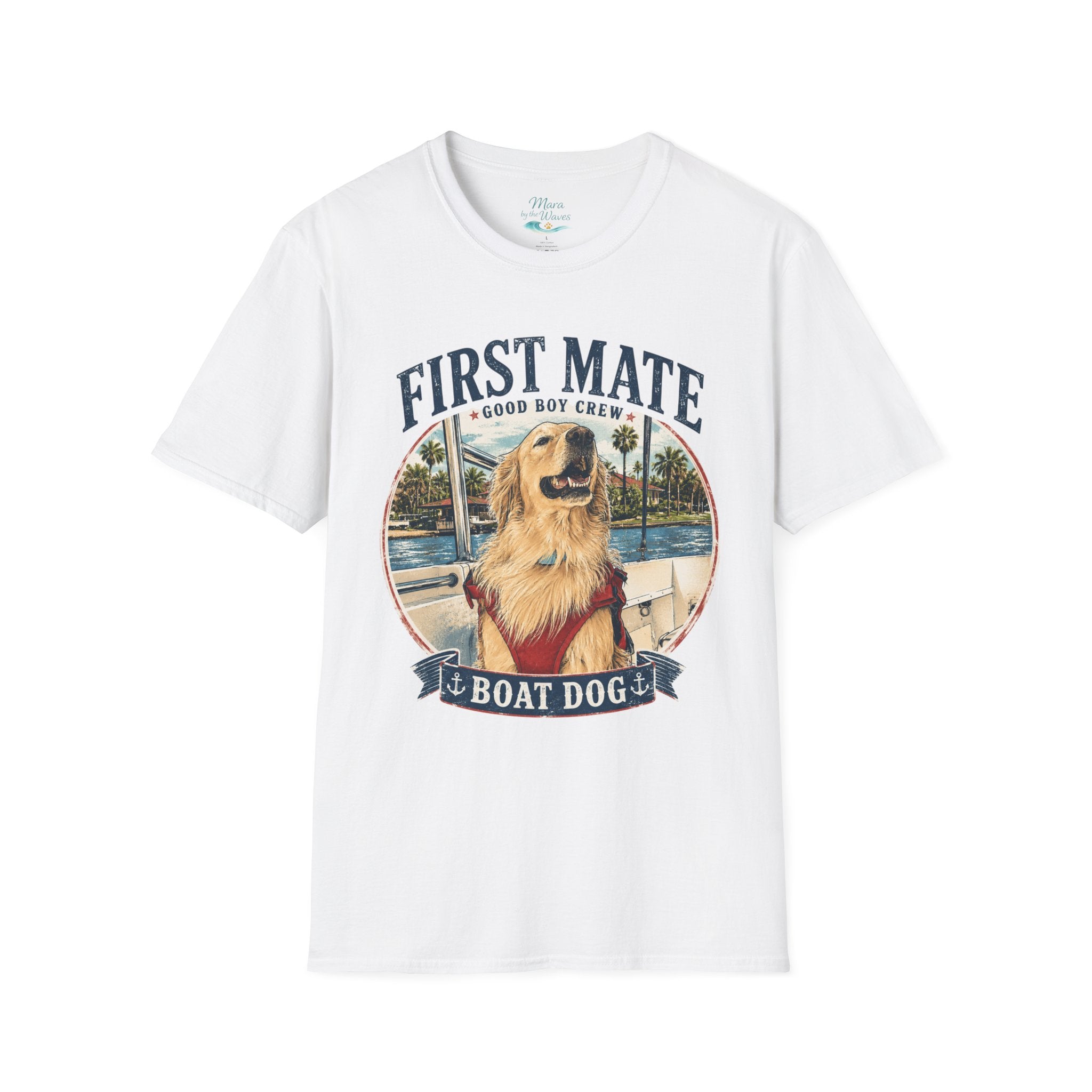 First Mate Boat Dog T-Shirt — Golden Retriever Nautical Tee