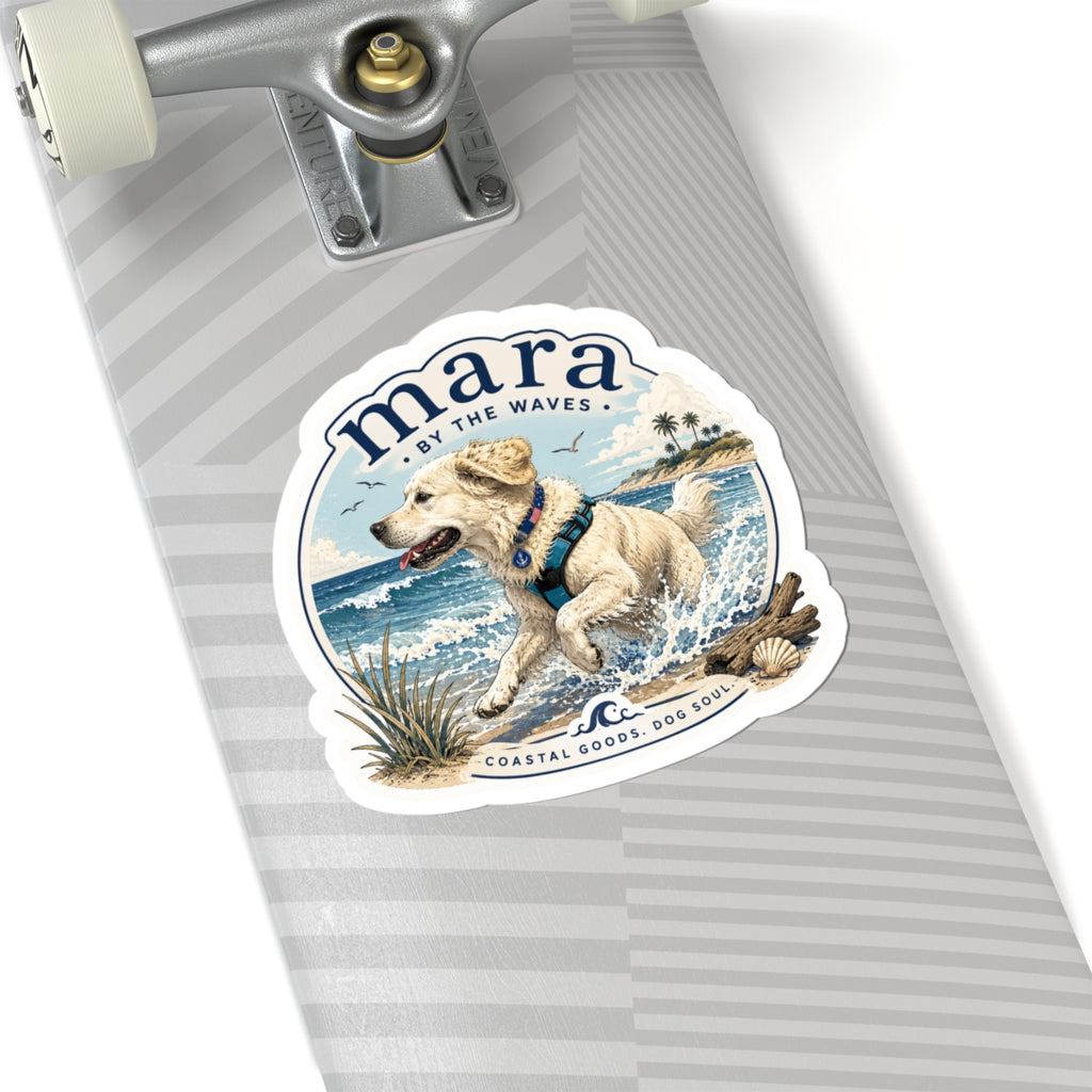 Coastal Dog Sticker — "Mara by the Waves" Kiss-Cut Beach Puppy Decal