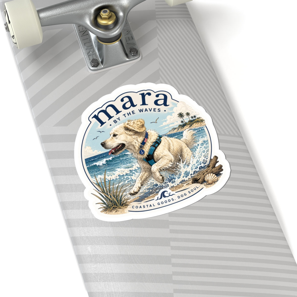 Coastal Dog Sticker — "Mara by the Waves" Kiss-Cut Beach Puppy Decal