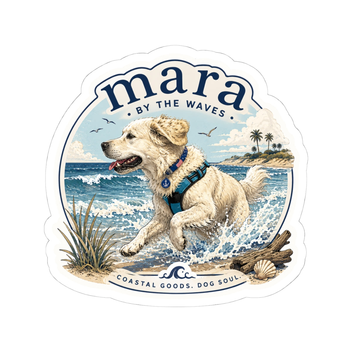 Coastal Dog Sticker — "Mara by the Waves" Kiss-Cut Beach Puppy Decal