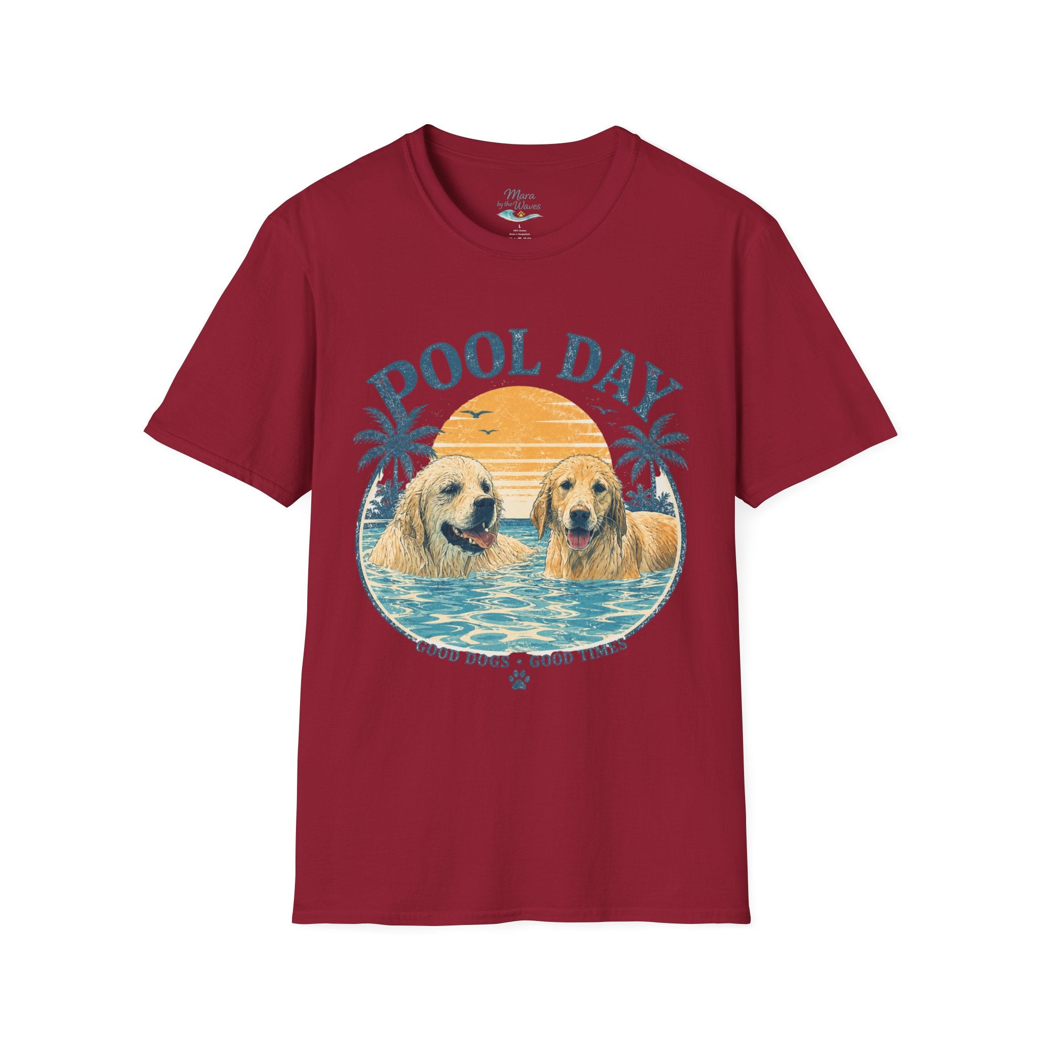 Pool Day T‑Shirt — Retro Golden Retrievers ‘Good Dogs, Good Times’ Beach Tee