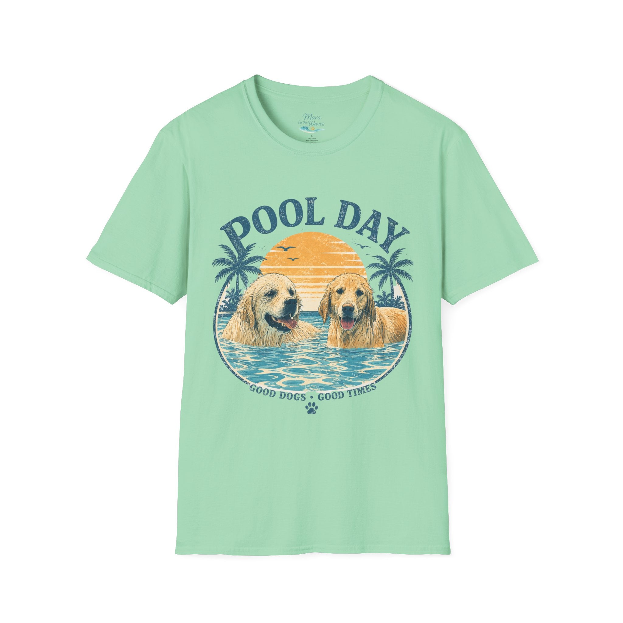 Pool Day T‑Shirt — Retro Golden Retrievers ‘Good Dogs, Good Times’ Beach Tee