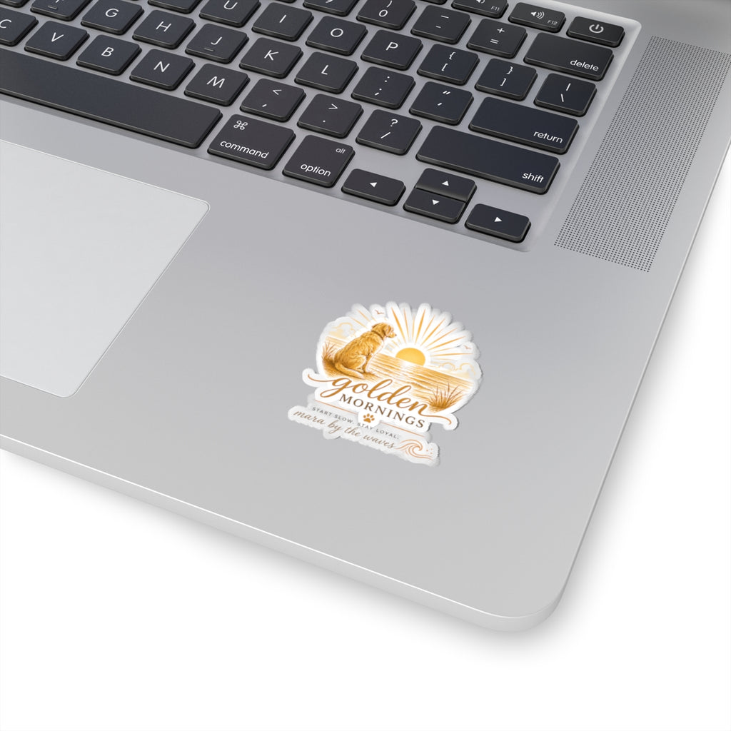 Golden Mornings Dog Sticker:  Sunrise Golden Retriever Beach Kiss-Cut Sticker ("Start Slow. Stay Loyal.")