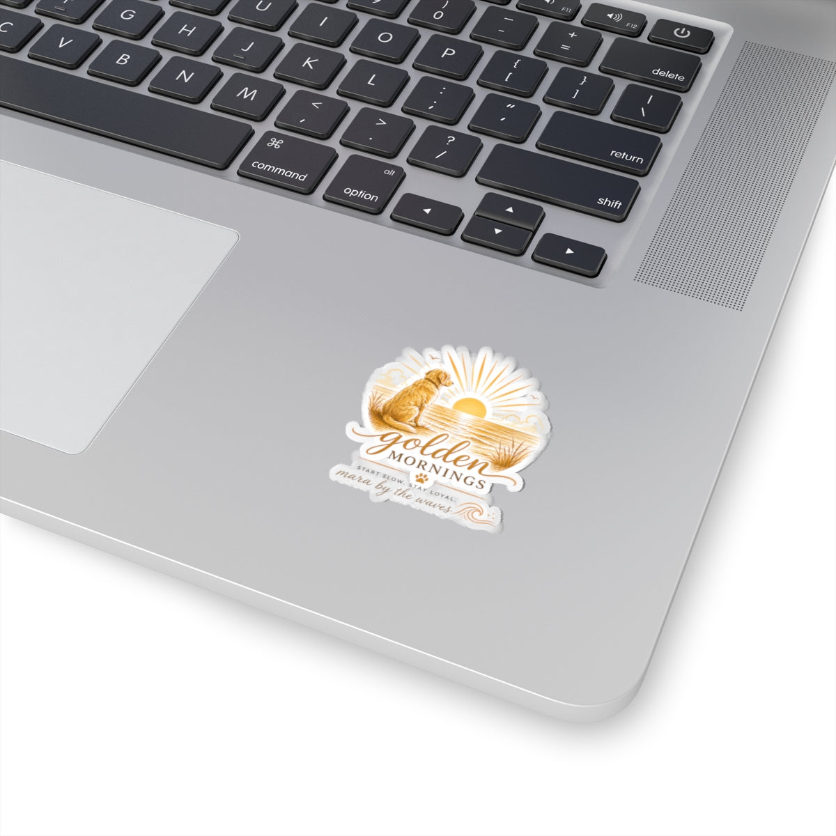 Golden Mornings Dog Sticker:  Sunrise Golden Retriever Beach Kiss-Cut Sticker ("Start Slow. Stay Loyal.")
