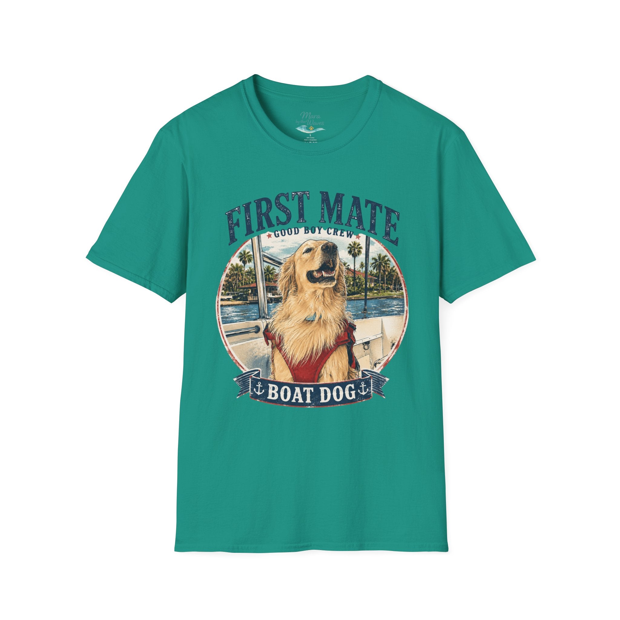 First Mate Boat Dog T-Shirt — Golden Retriever Nautical Tee
