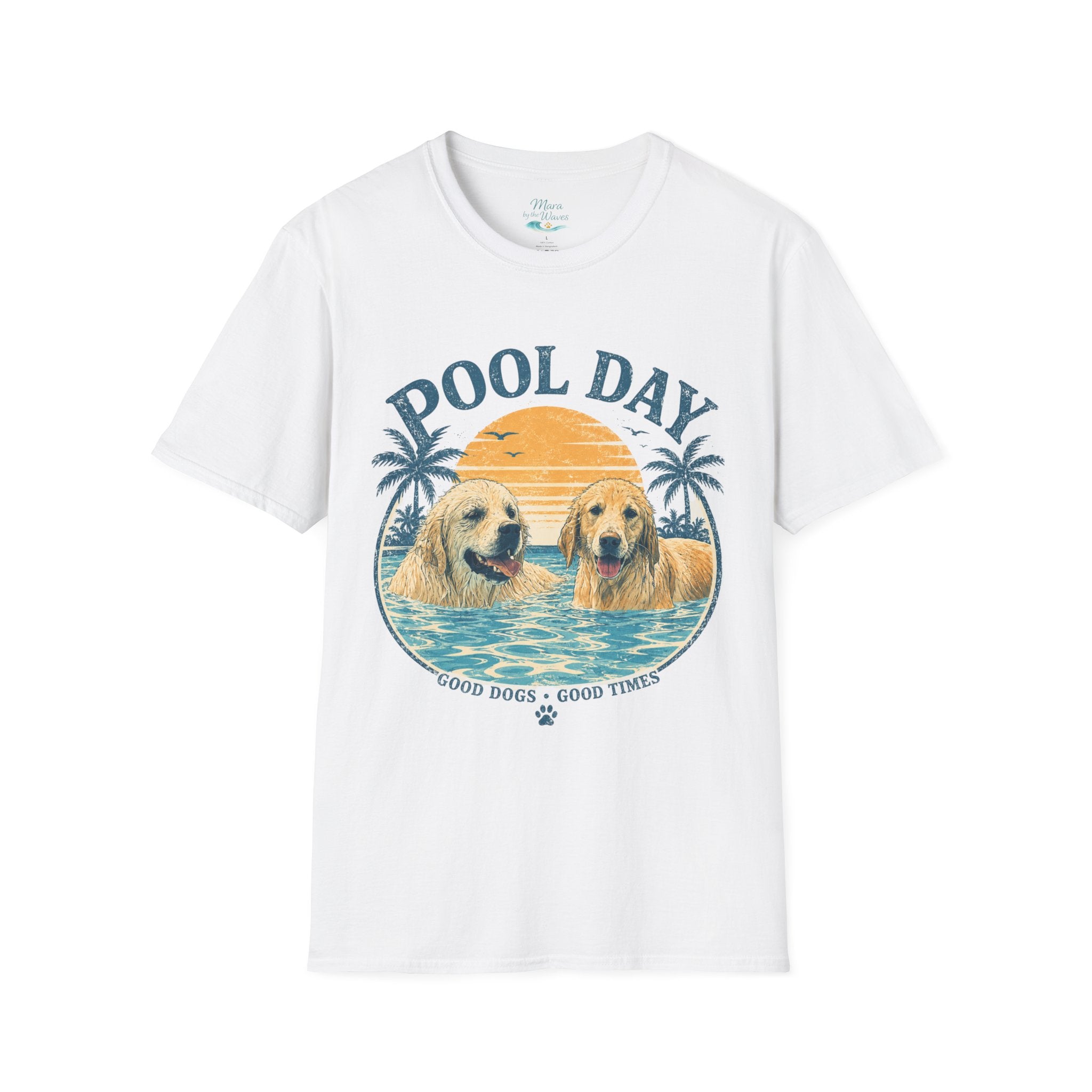Pool Day T‑Shirt — Retro Golden Retrievers ‘Good Dogs, Good Times’ Beach Tee