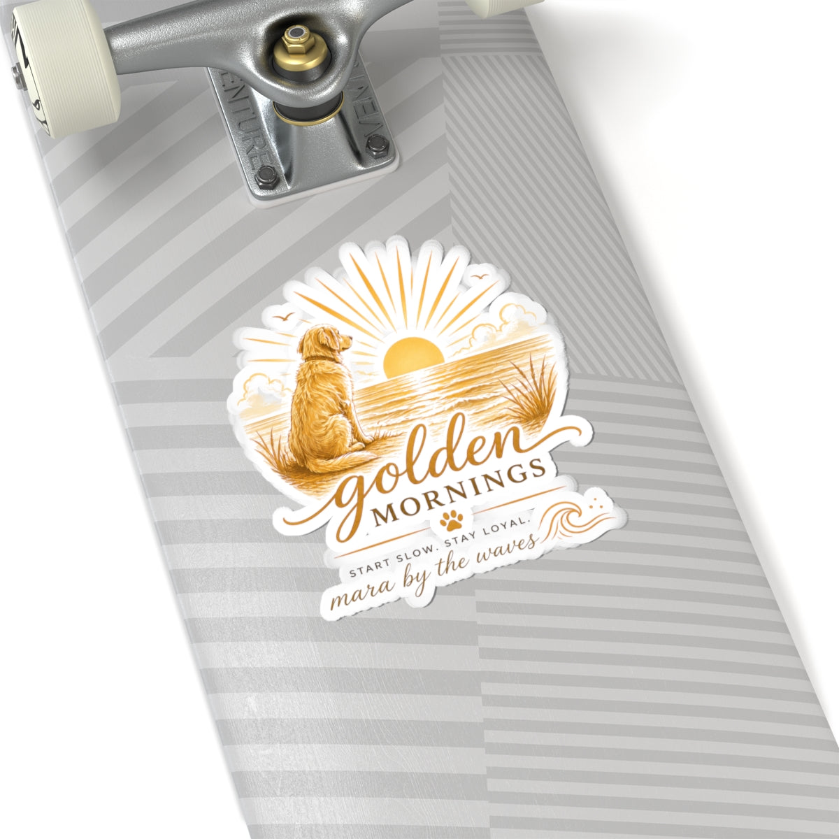 Golden Mornings Dog Sticker:  Sunrise Golden Retriever Beach Kiss-Cut Sticker ("Start Slow. Stay Loyal.")