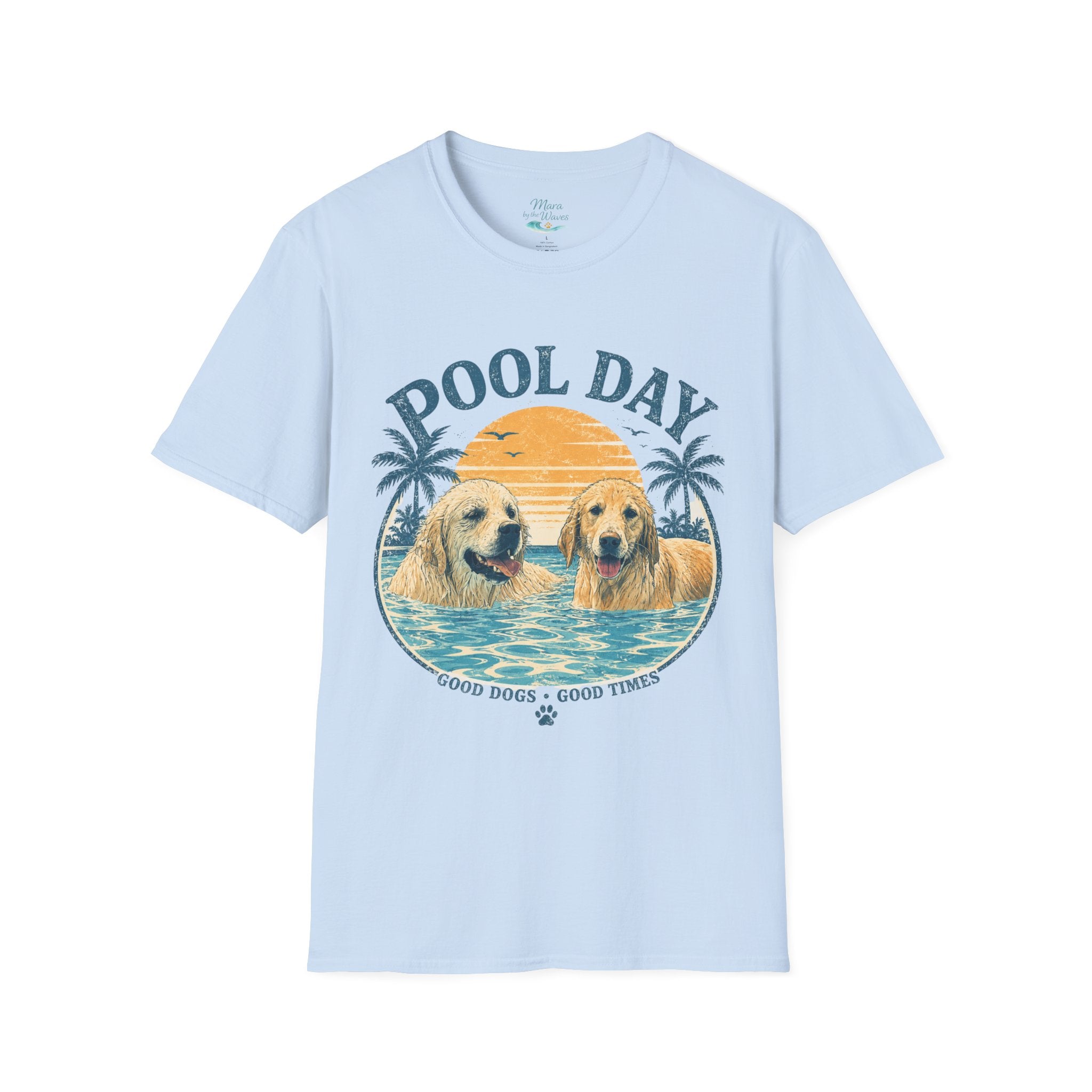 Pool Day T‑Shirt — Retro Golden Retrievers ‘Good Dogs, Good Times’ Beach Tee