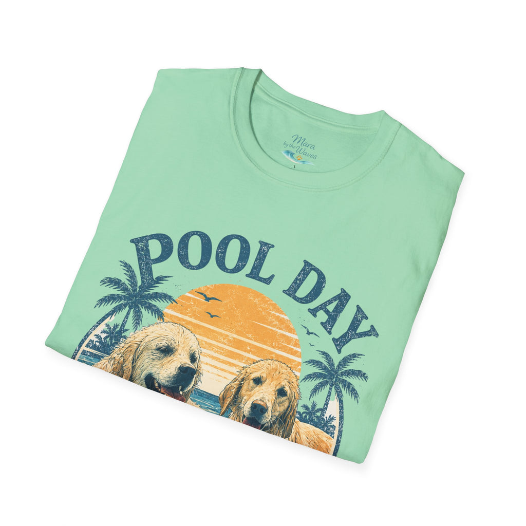 Pool Day T‑Shirt — Retro Golden Retrievers ‘Good Dogs, Good Times’ Beach Tee